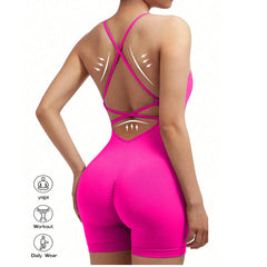 Yoga Criss Cross Backless Cami Sports Romper,Women's Jumpsuits Ribbed One Piece
