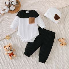 3PCS Newborn Baby Boy Clothes Set Long Sleeved Color Blocked Bodysuit+Gray Pants+Hat Autumn Clothing for Toddlers 1-18 Months