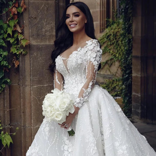 White Bridesmaid Dresses: Chiffon Princess Ball Gown O-neck Full Sleeve Elegant