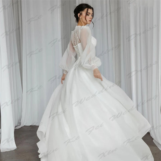 White Bridesmaid Dresses: Wedding Dresses Beautiful Round Neck Fluffy Long Sleeves