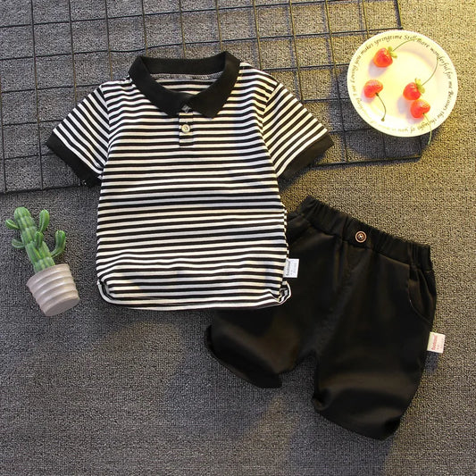 Summer Boys Sets Baby Thin Suit Children Lapel Striped Top Solid Shorts Two-Piece New Baby Fashion Casual Outfit 12M-5 Years Old