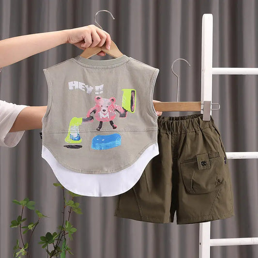 Summer Cartoon Print Baby Boys Girls Cotton Sport Letter Vest Shorts Set Toddler Kids Casual Tracksuit Infant Clothing Set