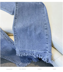Plus Size Flared Y2K Jeans For Women Large Slim Elastic Cotton Blue Tassel Denim