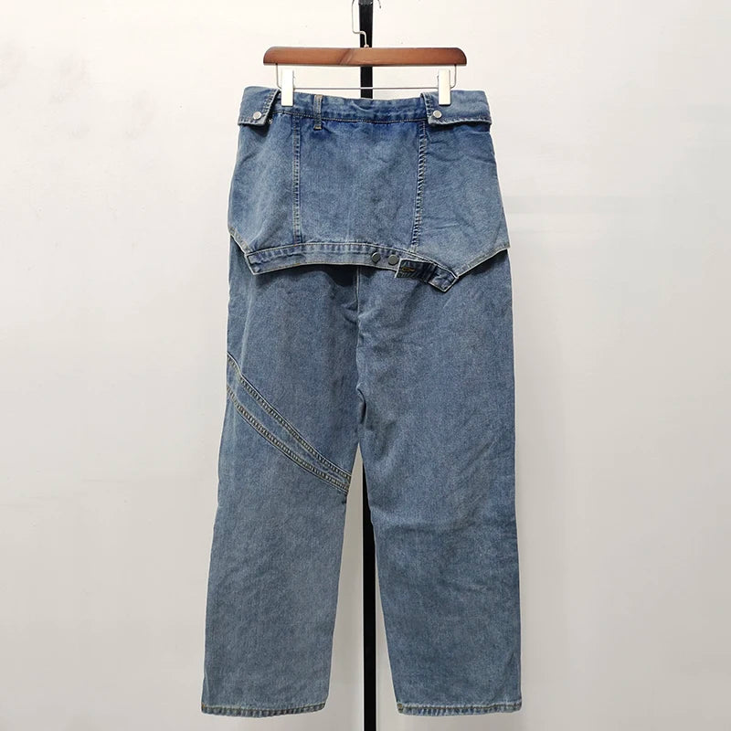 Men's Pants Fake Two Piece Jeans American High Street Straight Design Strap