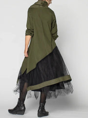 Plus Size Women's Dress Cowl Neck Patchwork Mesh Tiered Long Sleeve Maxi Dress