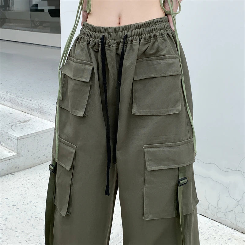 Cotton High Street Cargo Pants for Women Men with Ribbon High Waist Wide