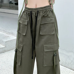 Cotton High Street Cargo Pants for Women Men with Ribbon High Waist Wide