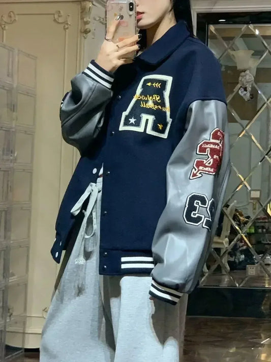 Letter Embroidery Bomber Jacket Men Women Autumn Winter Leather Sleeves