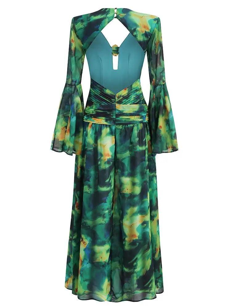 Formal attire Dresses: V Neck Long Sleeve Green Floral Long Chiffon Maxi Dress