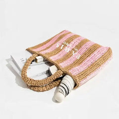 Women Fashion Striped Summer Beach Straw Knitting Shoulder Bag Hollow Out
