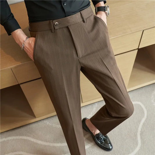 Men Stripe Suit PantsColor-woven Textured Trousers Slim Fit Dress Pants