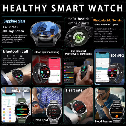 For iOS Android New Health Measurement SmartWatch Men Blood Oxygen Uric Acid ECG+PPG Body Blood Pressure HD Bluetooth Call Watch
