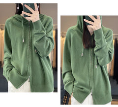 autumn and winter hooded cardigan women's knitted top loose sweater casual