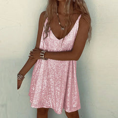 V-neck Backless Sling Dress Women Spring Glitter Sequin Shiny Mini Dress