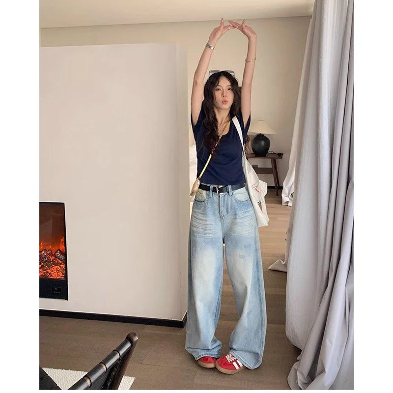 Blue Womens Jeans High Waist Vintage Straight Y2K Baggy Denim Pants