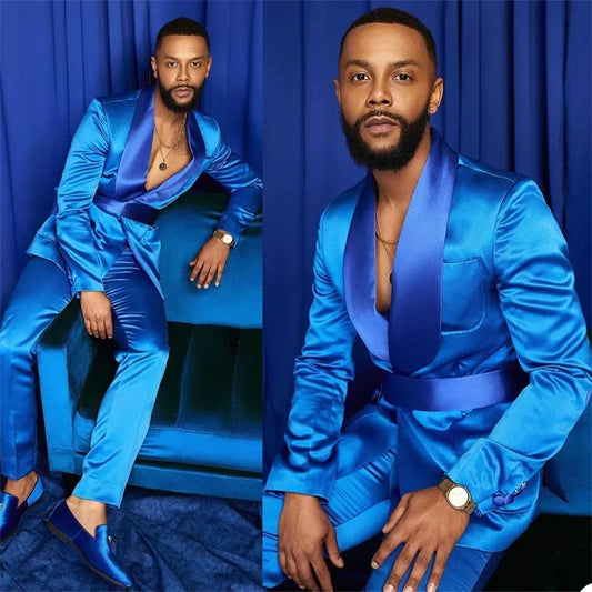 Tuxedo for Mens: Italian Suits for Men Satin Slim Fit Royal Blue Shiny Groom Prom