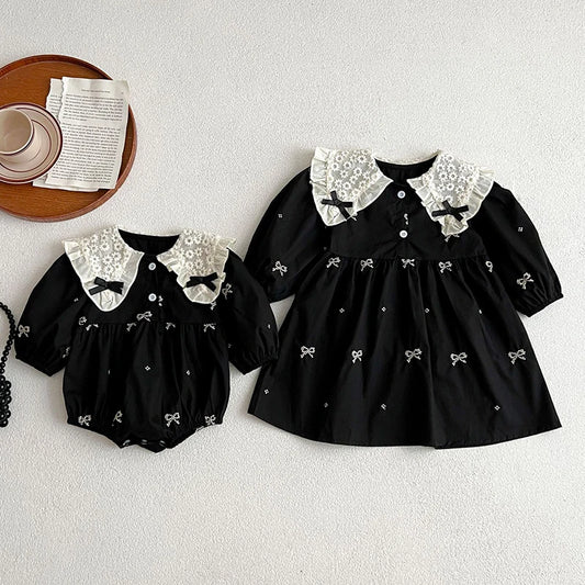 Kids Baby Girls Long Sleeve Sweet Embroider Sisters Rompers