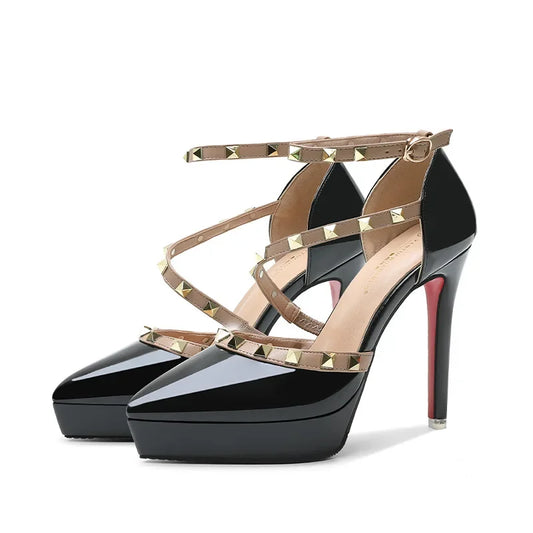 Women 12cm High Heels 2.5cm Platform Red Bottom Shoes Studded Sandals