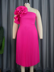 Pleated Party Dress Women Elegant Hot Pink Flower One Shoulder Midi Robes