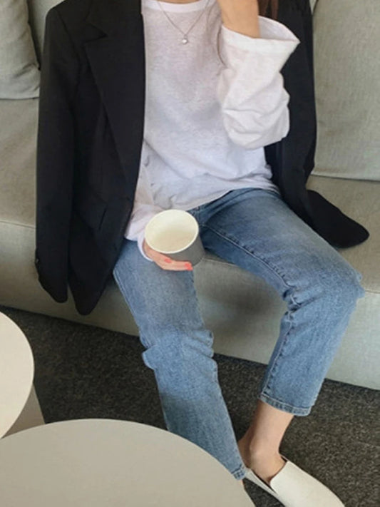 High Waist Pockets Boyfriend Jeans Women Stretch Blue Ladies Denim Cargo pants