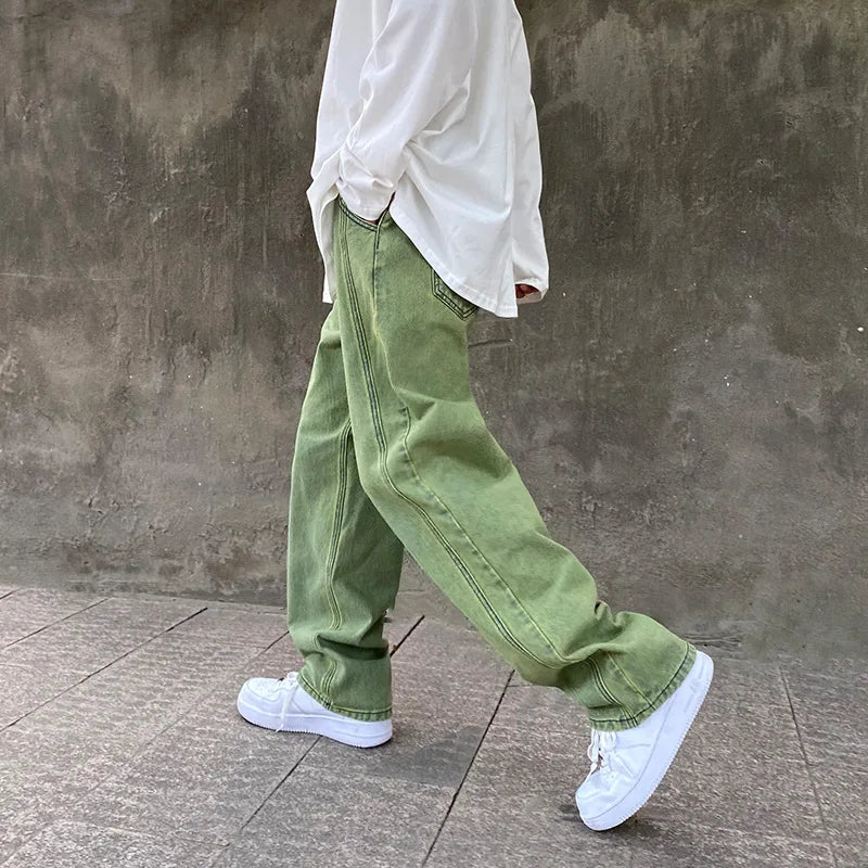 Korean Fashion Men Jeans Purple Green Loose Straight Vintage Casual Streetwear