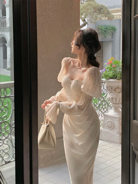 Evening wear Dresses: Women Fashion Elegant Puff Sleeve Midi Corset Maxi Dresses