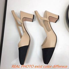 Big Size 45 Women Slingbacks Shoes High Heels Natural Genuine Leather Thick
