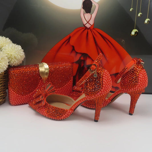 Matching Shoes and Bags: Orange Pearl Crystal wedding shoes and Bag Bridal Female