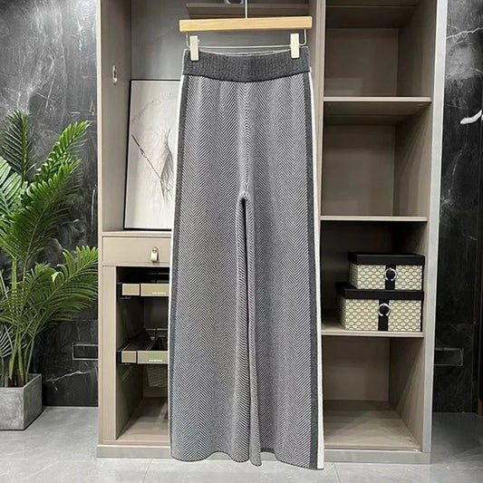 S-3Xl Elegant Woolen Wide Leg Pants Women Korean Fashion Striped Knitted Pants