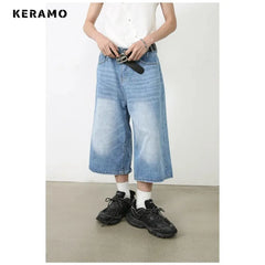 Vintage Streetwear Women Jeans 2024 Summer Loose Male Wide Leg Knee Length Shorts