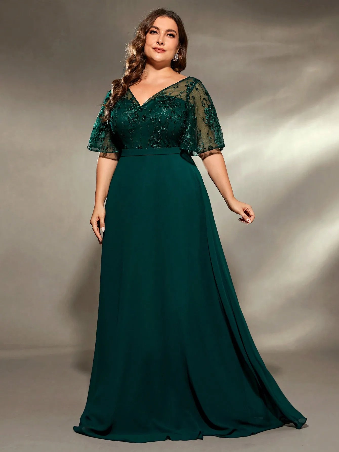 Mgiacy plus size V-neck See-through trumpet sleeve embroidered chiffon