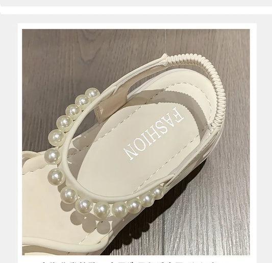 Korean Style Summer Sandals For Women Pearl Chains Travel Beach Footwearn Anti-slippery Women's Princess Shoes Summer Sandals