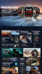 Blackview W60 2024 New Smartwatch 2.01'' HD Display TFT Rugged Smart Watch for Outdoor With Emergency Lighting Bluetooth Calling