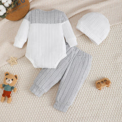 3PCS Newborn Baby Boy Clothes Set Long Sleeved Color Blocked Bodysuit+Gray Pants+Hat Autumn Clothing for Toddlers 1-18 Months