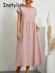 Women Elegant Solid Maxi Dress Summer Short Sleeve O Neck Vintage Harajuku Cotton Linen Loose Sundress Y2K Pockets Long Dress