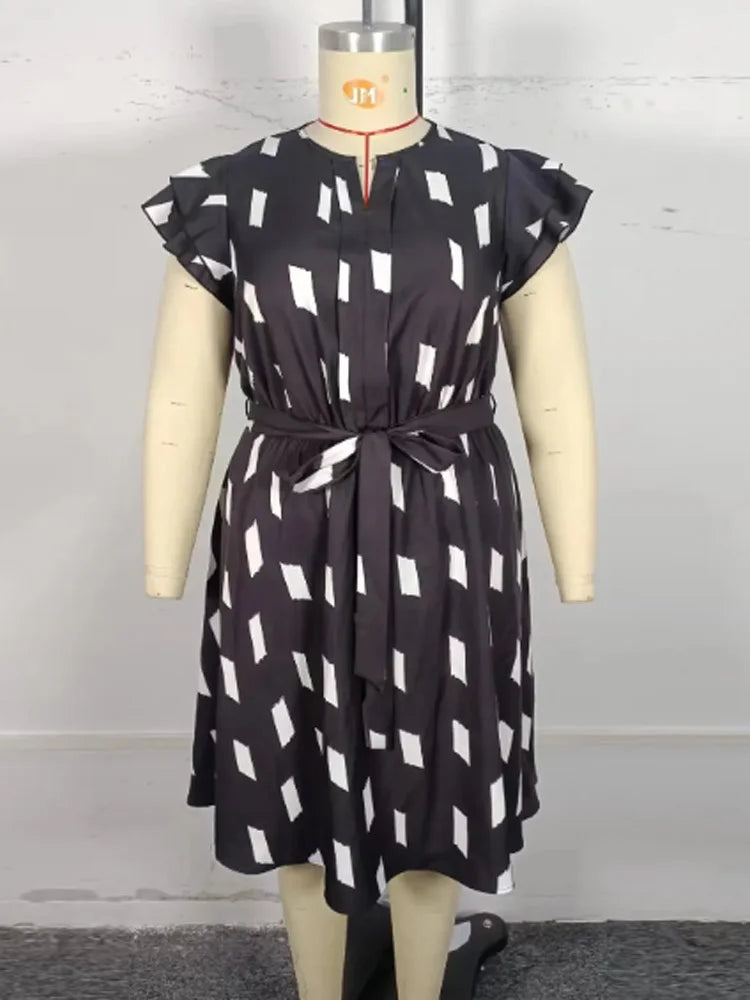 Plus Size Notch Neck Ruffle Sleeve Belted A-Line Dress Women