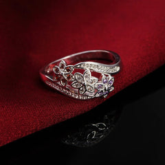925 Sterling Silver For women lady wedding inlaid stone crystal flower ring