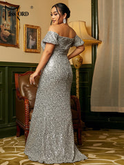 Missord Elegant Red Plus Size Wedding Dress Women V-neck Cloak Sleeves Sequins