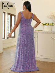 Purple Sequin Plus Size Wedding Dress Elegant Women V Neck