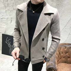 Fashion Men Double-Breasted Windbreaker Solid Color Slim Short Woolen Coat