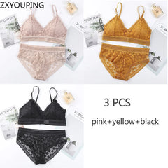3 Piece Set Bra Lace Beauty Back Suit Underwear Gather Seamless