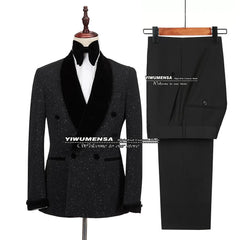 Glitter Red Sequins Mens Suits Groom Wedding Tuxedo Double Breasted Blazer