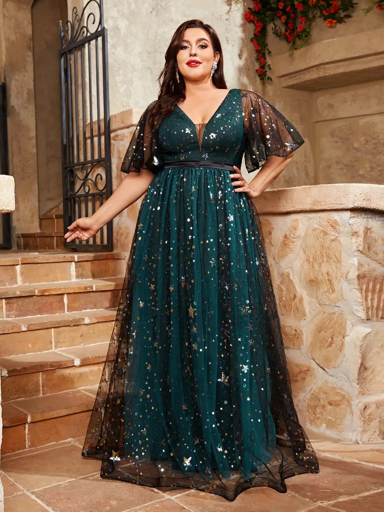 Mgiacy plus size V-neck sequin embroidered contrasting double mesh full skirt Evening