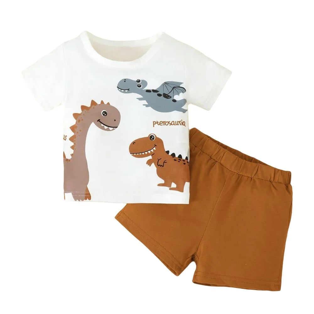 0-3 Years Infant Baby Boy 2PCS Set Cartoon Dinosaur White Short Sleeve Top+Brown Shorts Cute Sport Style Handsome Fashion Outfit