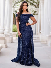 Evening wear Dresses: Elegant Navy Blue Off Shoulder Bridesmaid Dress