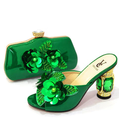 Matching Shoes and Bags: Green Color Pointed Wine Glass Heel Design Ladies Shoes