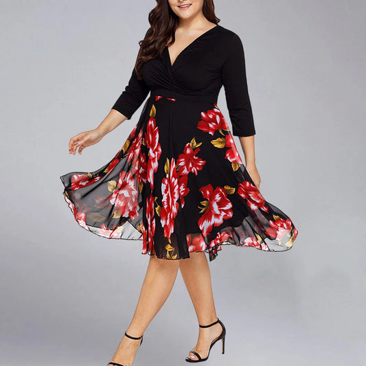 Plus Size Floral Dress Woman Summer Oversize Elegant Short Sleeve Casual Dress