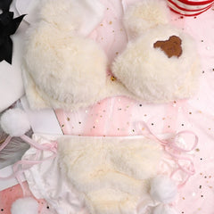 Womens Lolita Kawaii 2pcs Bra Panty Set Cute Bear Embroidery Fluffy Faux