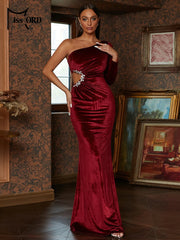 Missord One Shoulder Rhinestone Hollow Out Black Velvet Evening Dress Women