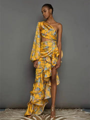 Formal attire Dresses: Floral Irregular Ruffle Dress One Shoulder Cut Out Ruffle